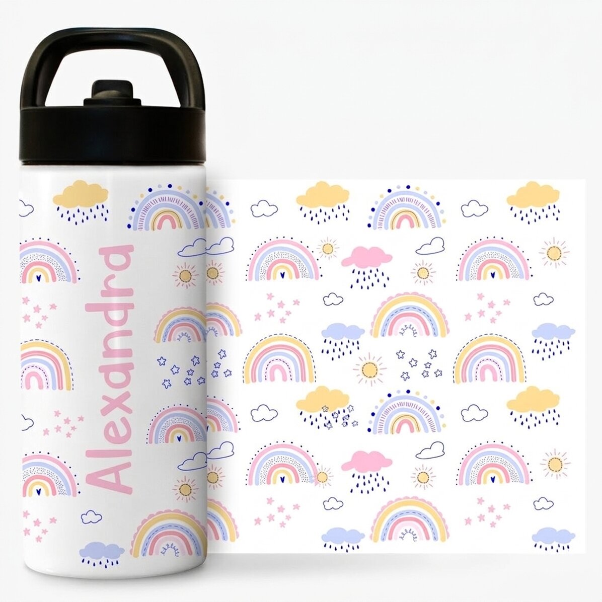 Thermos avec poignée et paille, personnalisé avec un prénom - Arc-en-ciel