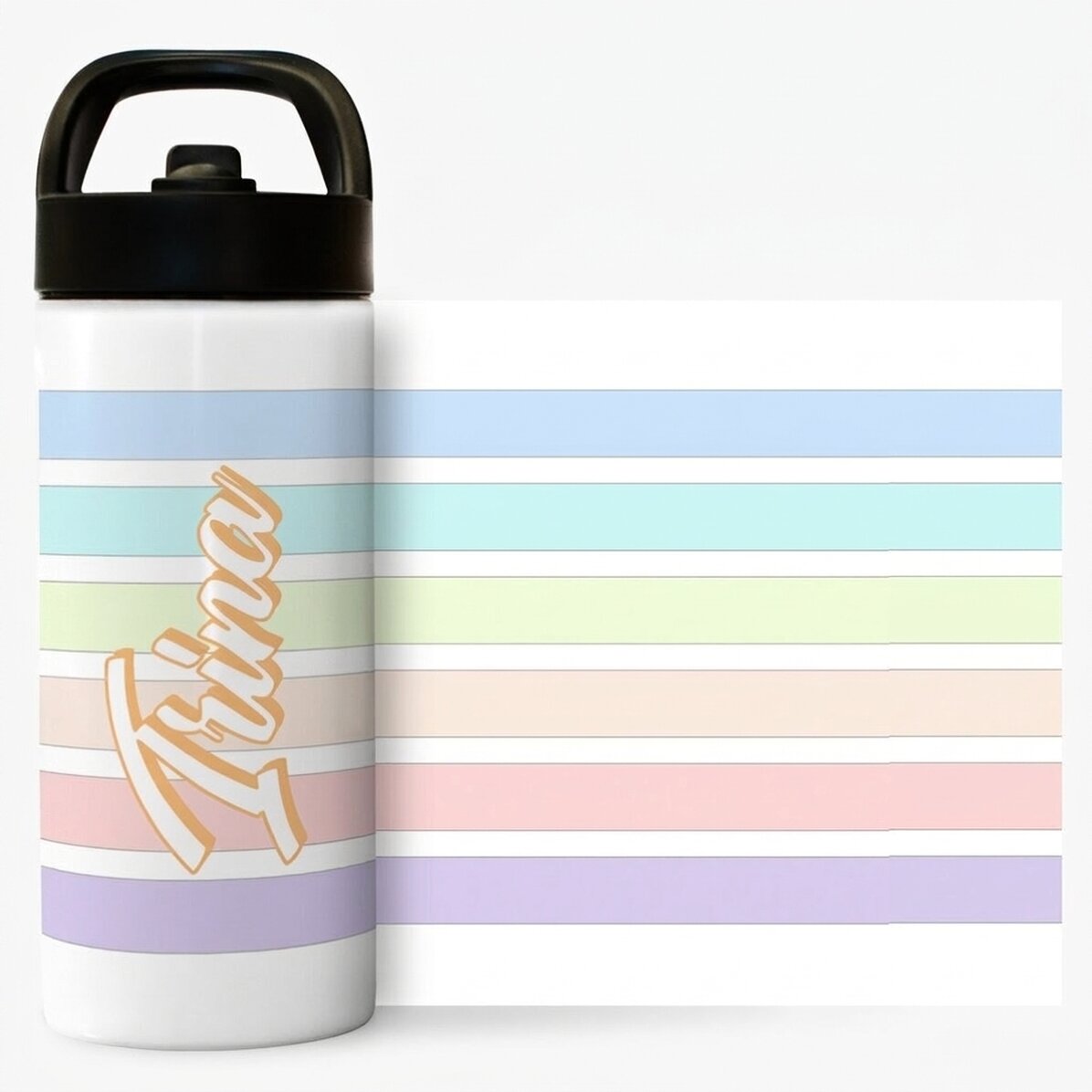 Thermos avec poignée et paille, personnalisé avec un prénom - Rayures colorées