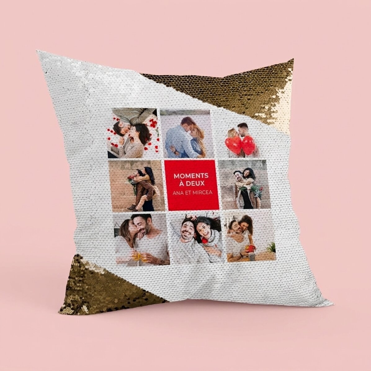 Coussin personnalisé avec 8 photos et un texte - Paillettes dorées