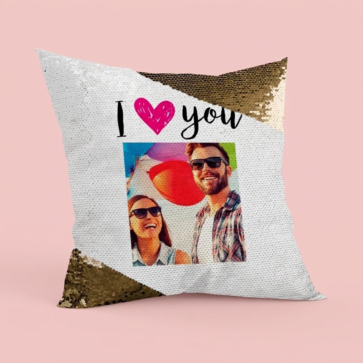 Coussin personnalisé avec une photo - « I love you » - Paillettes dorées