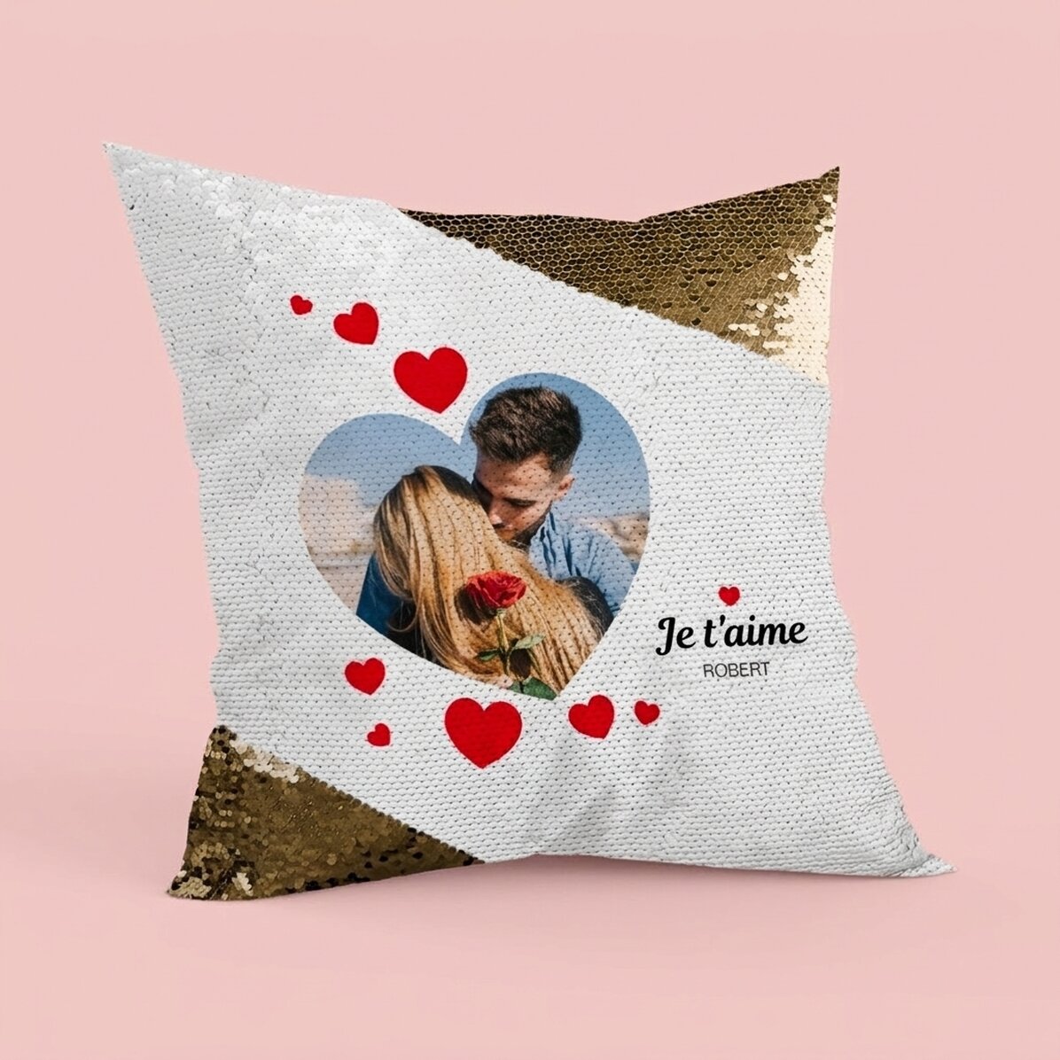 Coussin personnalisé avec une photo - P.S. I love you - Paillettes dorées