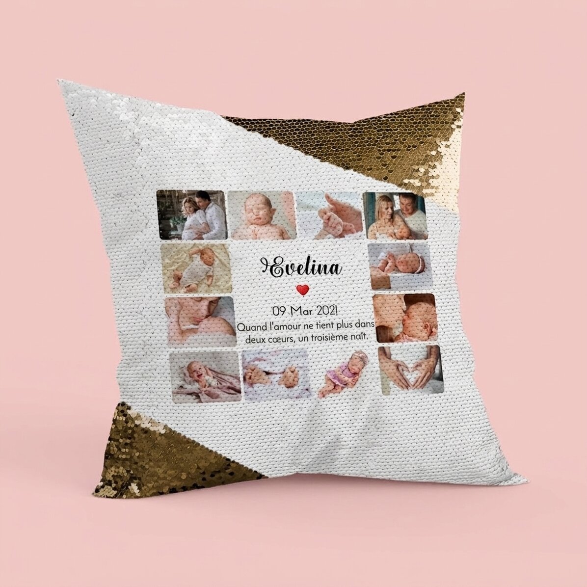 Coussin personnalisé avec 12 photos et un texte - Baby Paillettes dorées