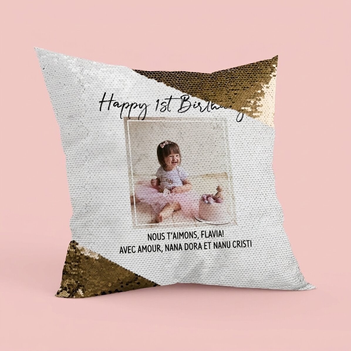 Coussin personnalisé avec une photo et un texte - « Happy Birthday » - Paillettes dorées