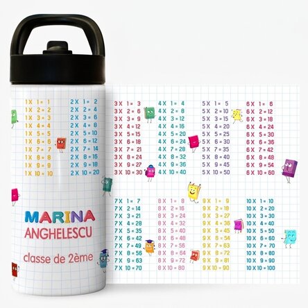 Thermos avec poignée et paille, personnalisé avec un prénom - Table de multiplication