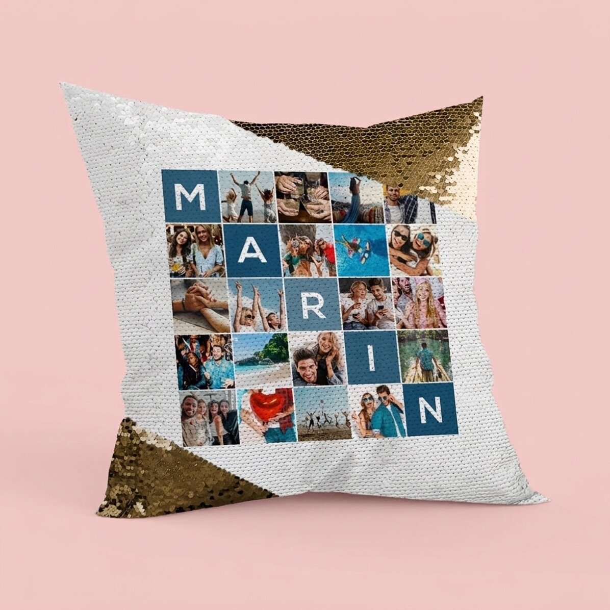 Coussin personnalisé avec 20 photos et un prénom de 5 lettres - Paillettes dorées