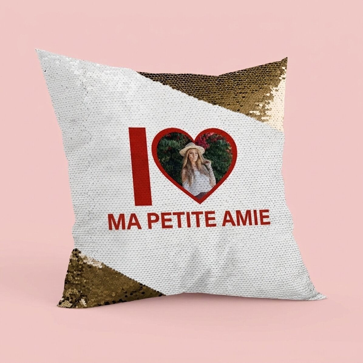 Coussin personnalisé avec photo et texte - « I love my girlfriend » - Paillettes dorées