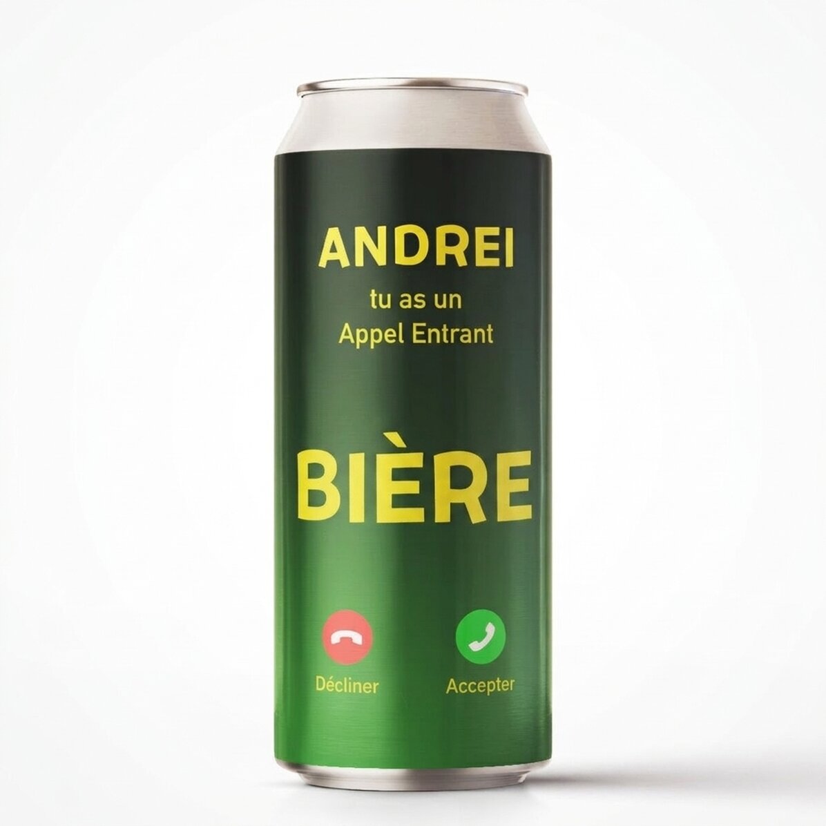 Bière en canette personnalisée avec un texte - Appel entrant