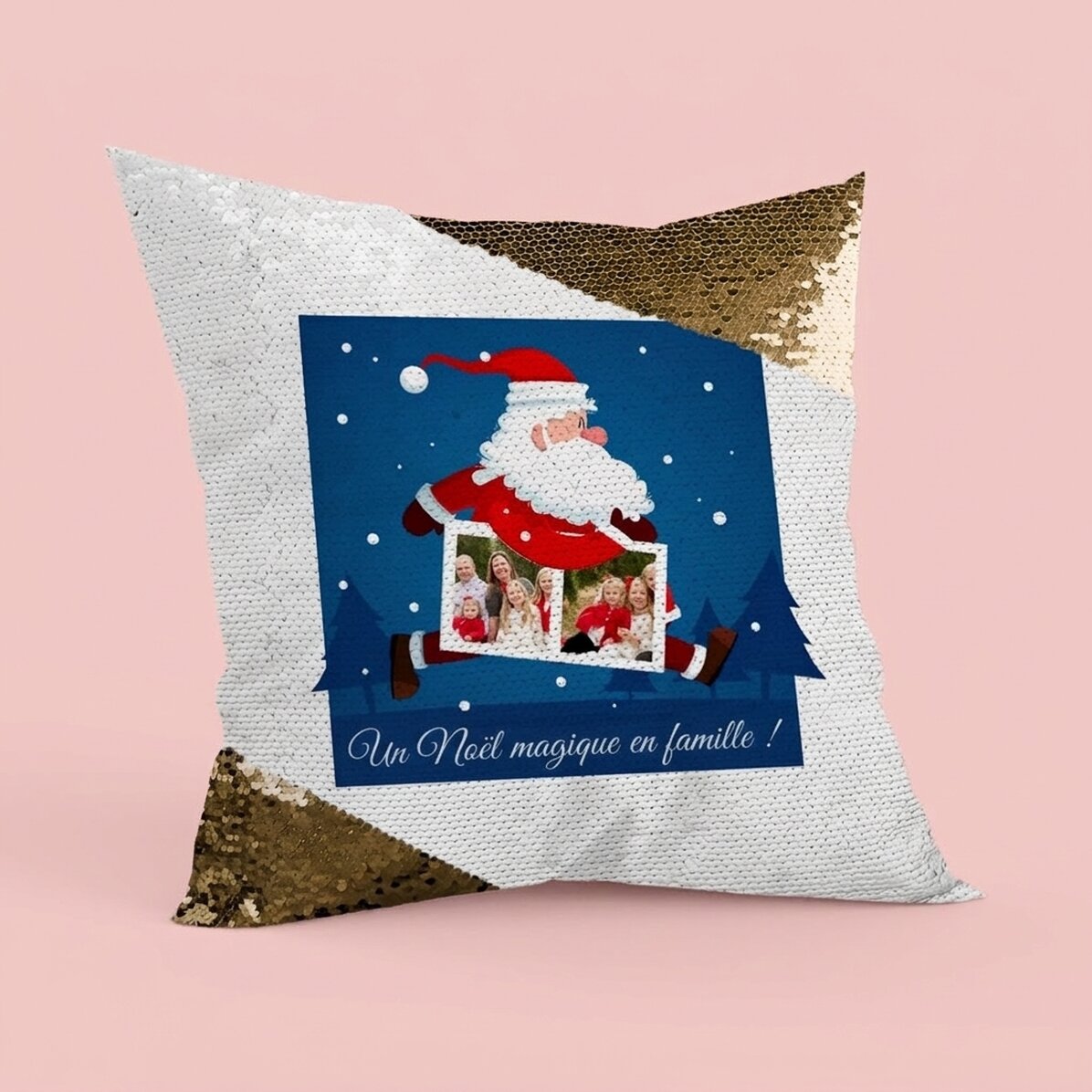 Coussin personnalisé avec deux photos et un texte - Père Noël - Paillettes dorées