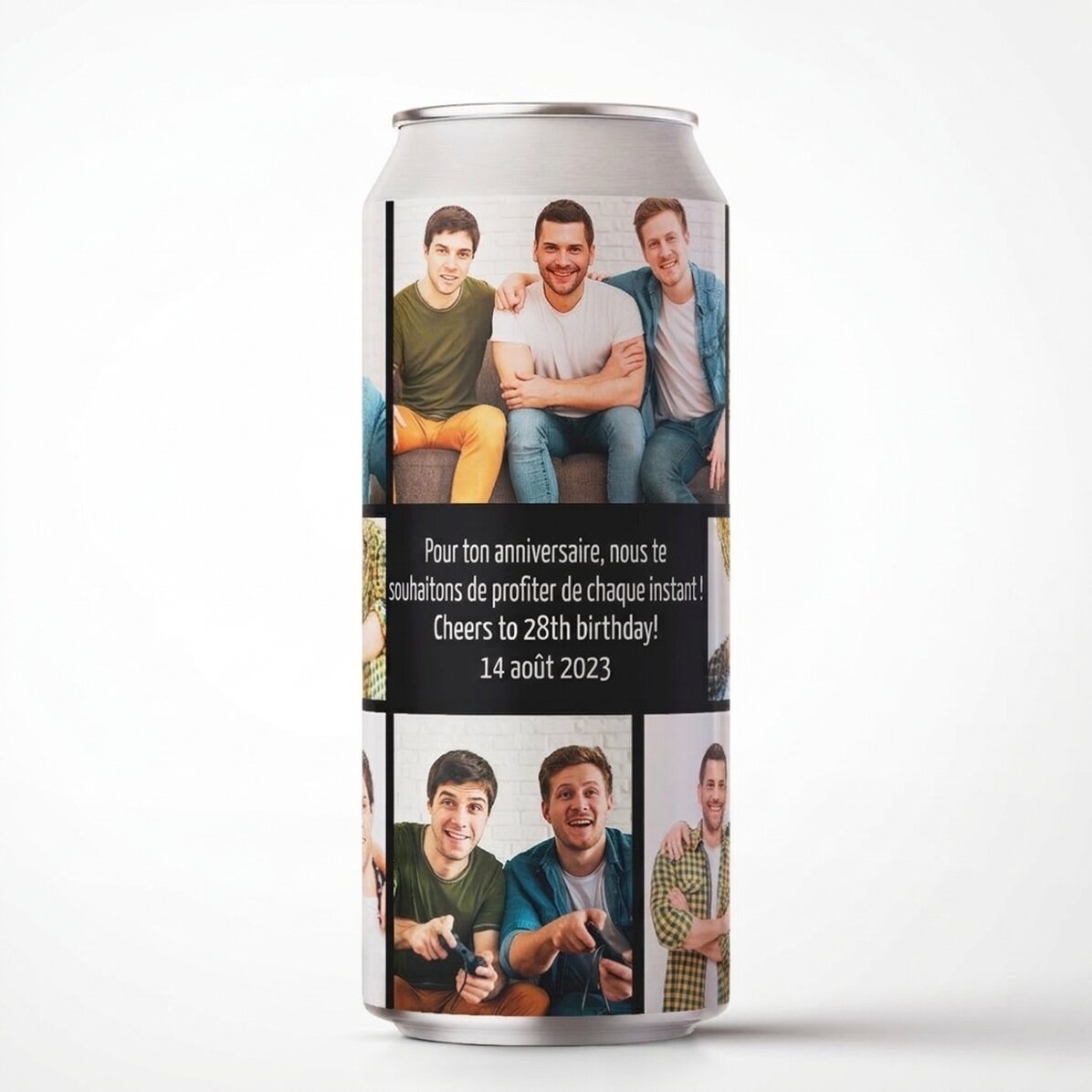 Bière en canette personnalisée avec un message et un collage de photos