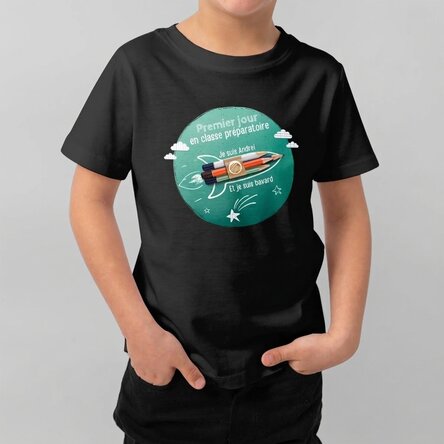 T-shirt en coton pour garçon, personnalisé avec un texte - Premier jour en classe de maternelle