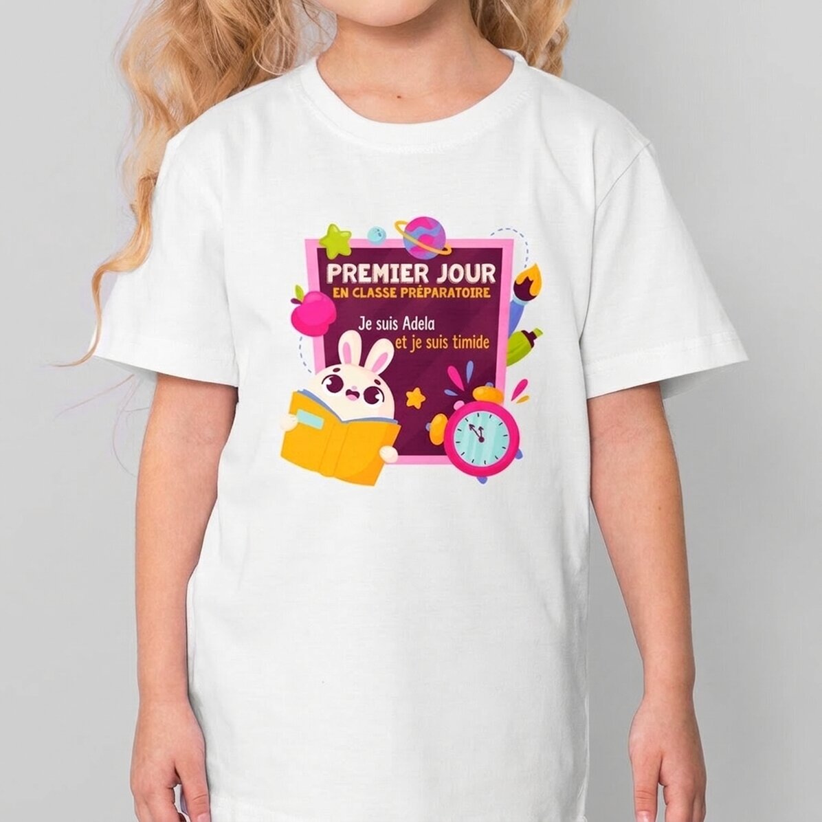 T-shirt en coton pour petites filles, personnalisé avec un texte - Premier jour en classe de materne