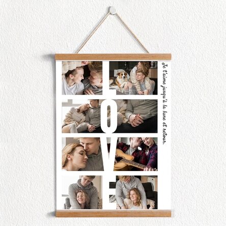 Affiche personnalisée avec un crochet, un texte et 8 photos - LOVE