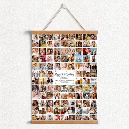 Personalised poster with hangers featuring 102 photos and a table
