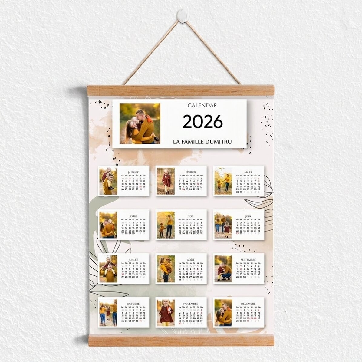 Affiche-calendrier personnalisée avec 13 photos et un texte, à accrocher