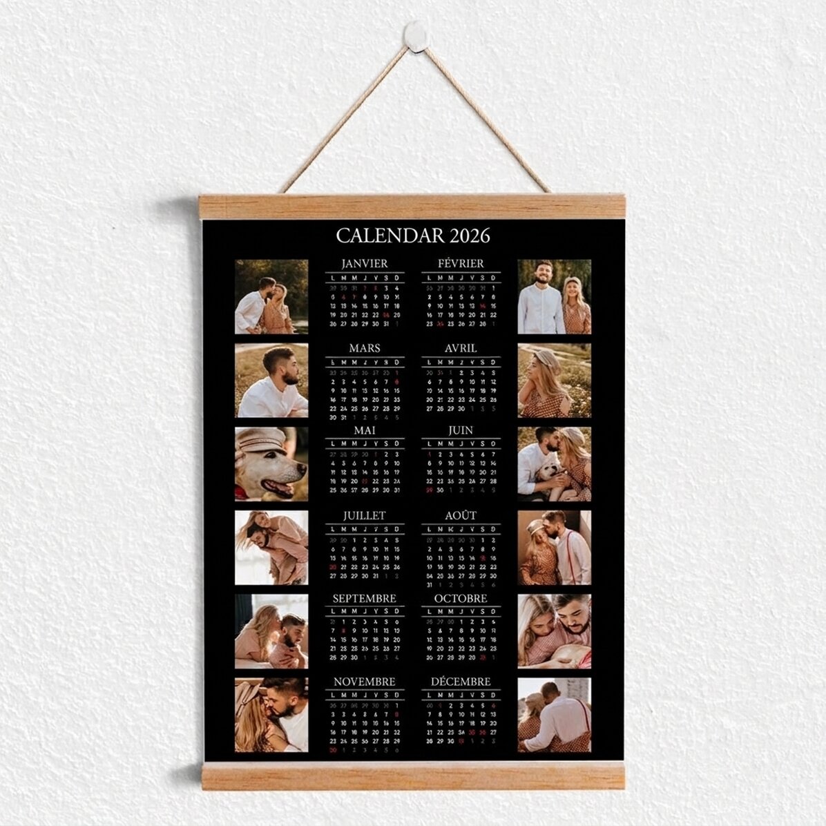 Affiche-calendrier personnalisée avec 12 photos et un texte, à accrocher