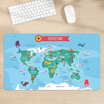 Tapis de souris XXL personnalisé avec le prénom de l'enfant - Carte du monde