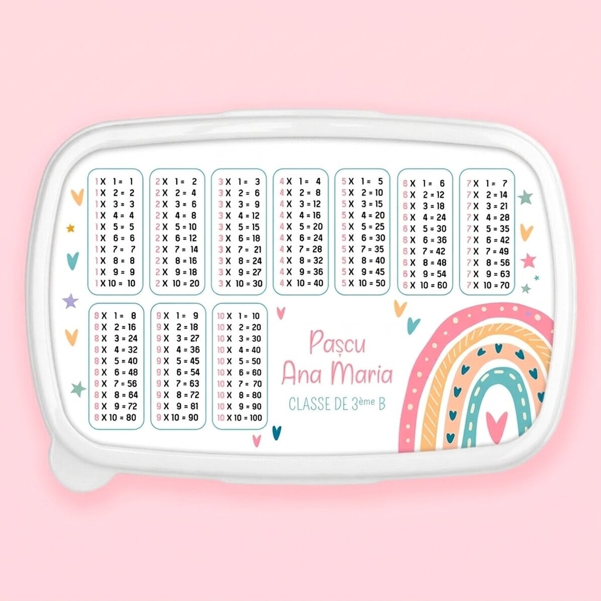 Boîte à repas, plat à four personnalisé avec prénom et table de multiplication - Arc-en-ciel
