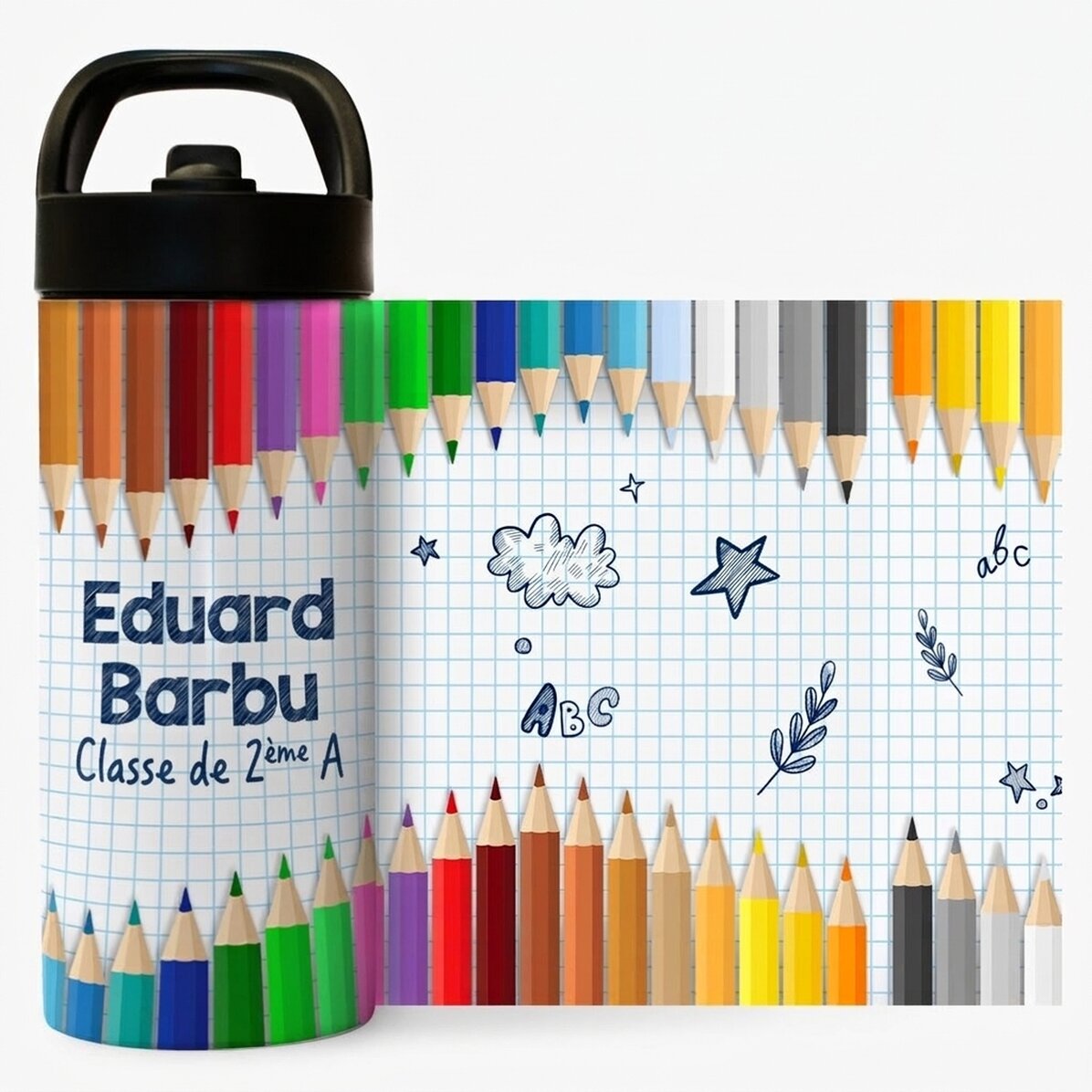 Thermos avec poignée et paille, personnalisé avec un prénom - Crayons de couleur