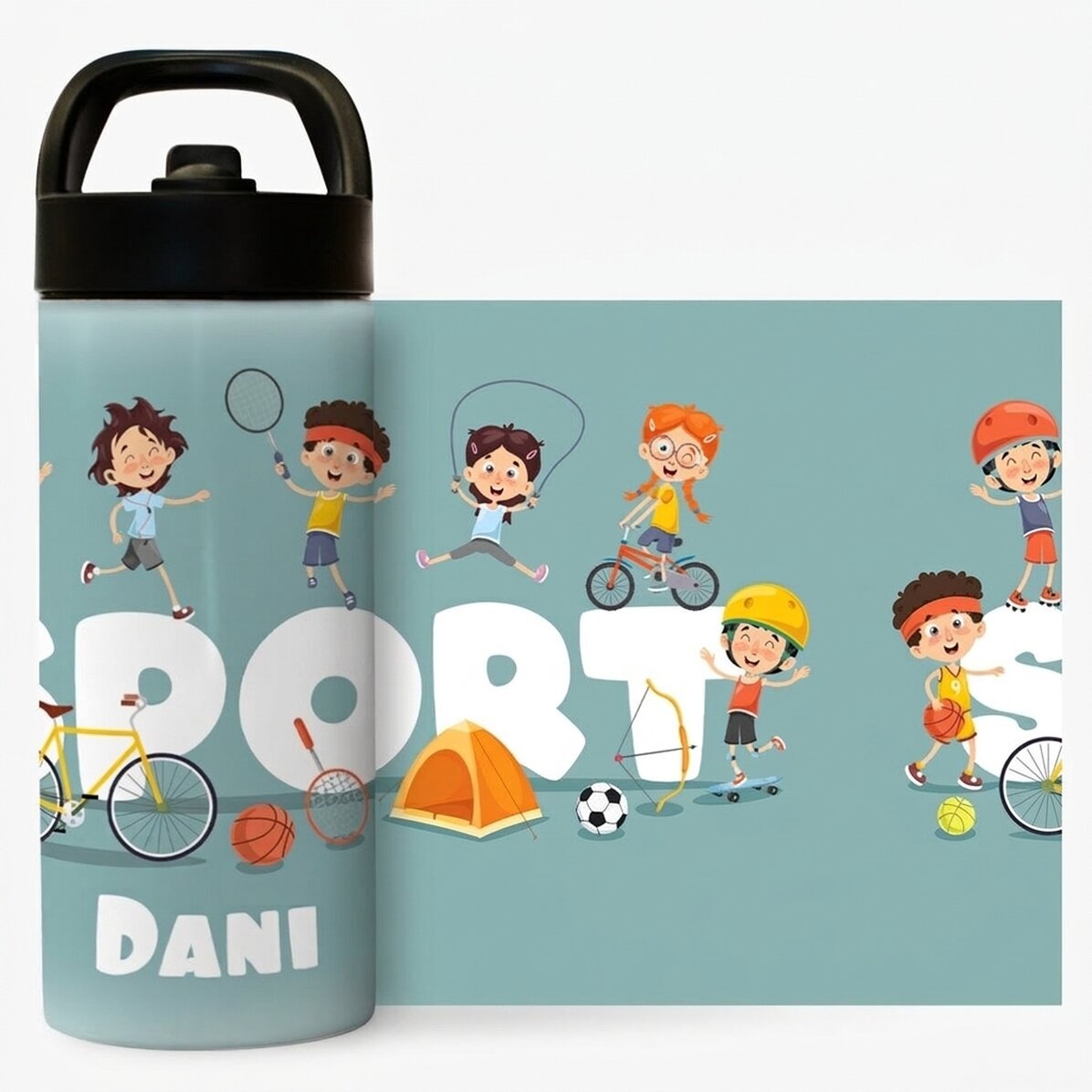 Thermos avec poignée et paille, personnalisé avec le prénom de l