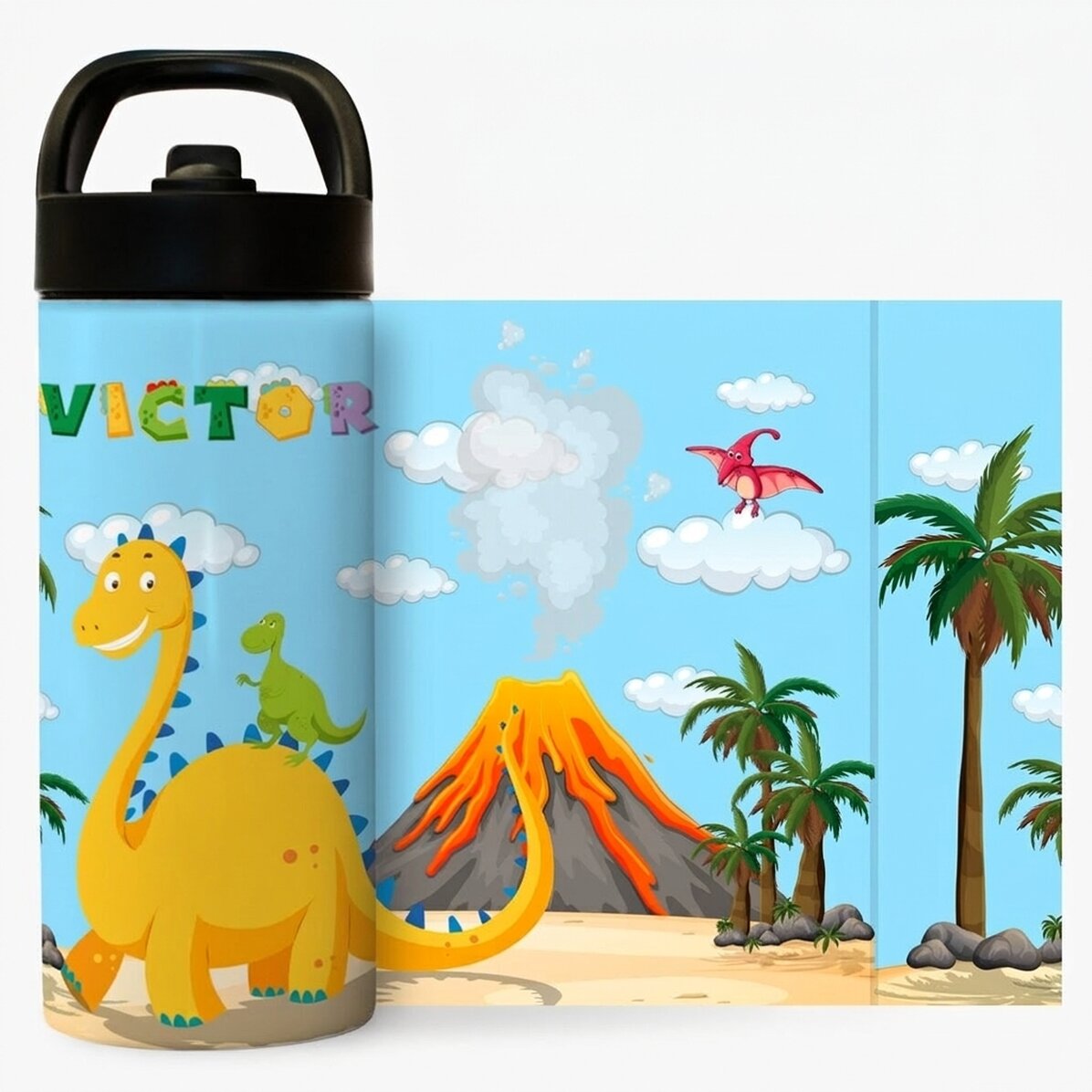 Thermos avec poignée et paille, personnalisé avec le prénom de l