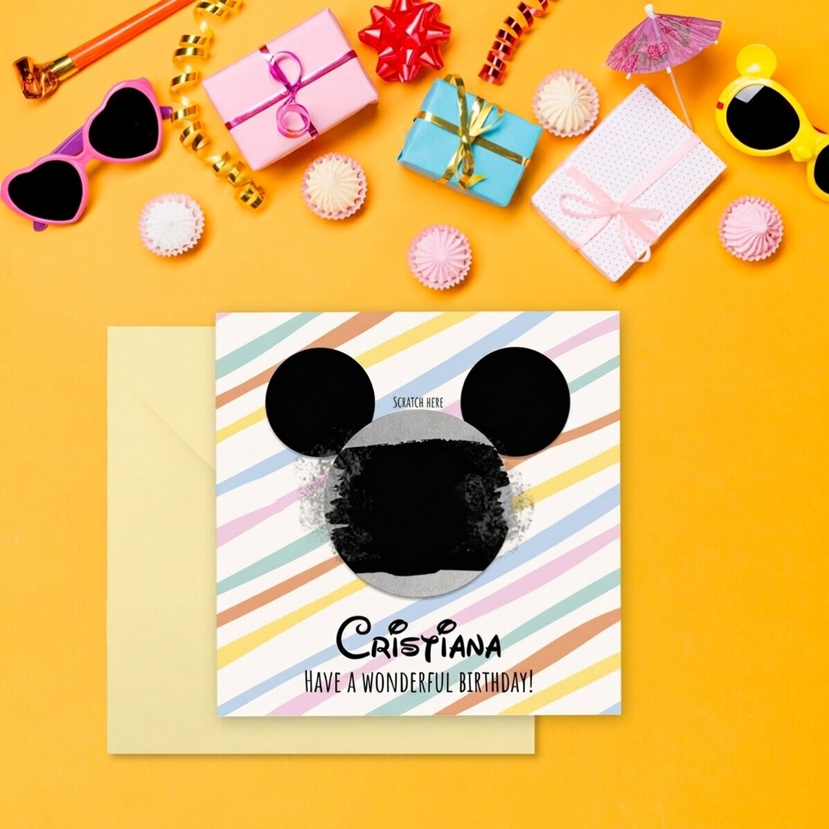 Carte à gratter personnalisée avec message - Oreilles de Mickey