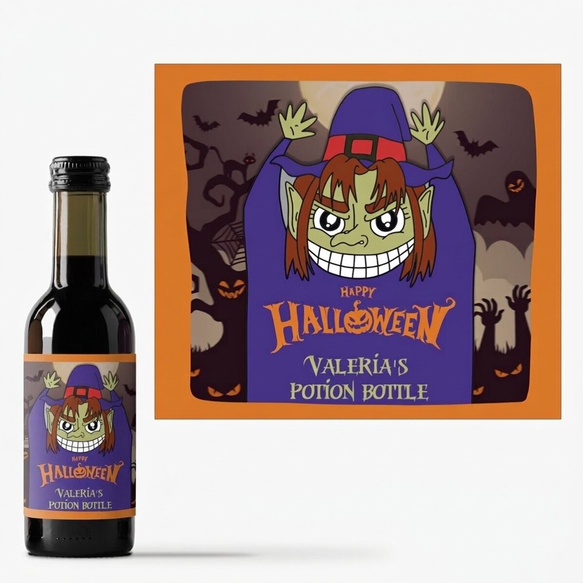 Mini-bouteille de vin personnalisée avec inscription - Happy Halloween Witch