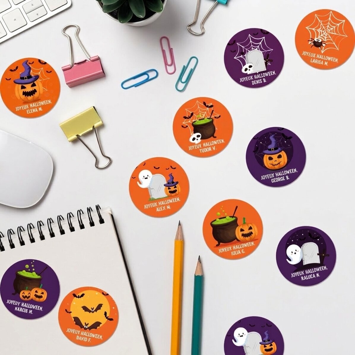 Lot de 12 autocollants ronds personnalisés avec texte - Halloween