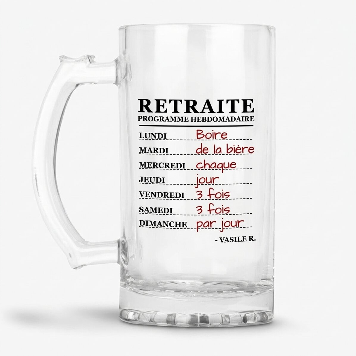 Chope à bière personnalisée avec un message pour un départ à la retraite