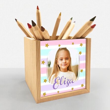 Porte-crayons personnalisé avec photo et prénom - Arc-en-ciel