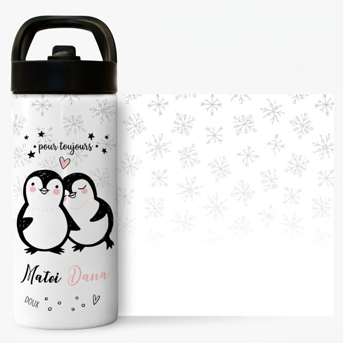 Thermos avec poignée et paille, personnalisé avec un texte - You & Me