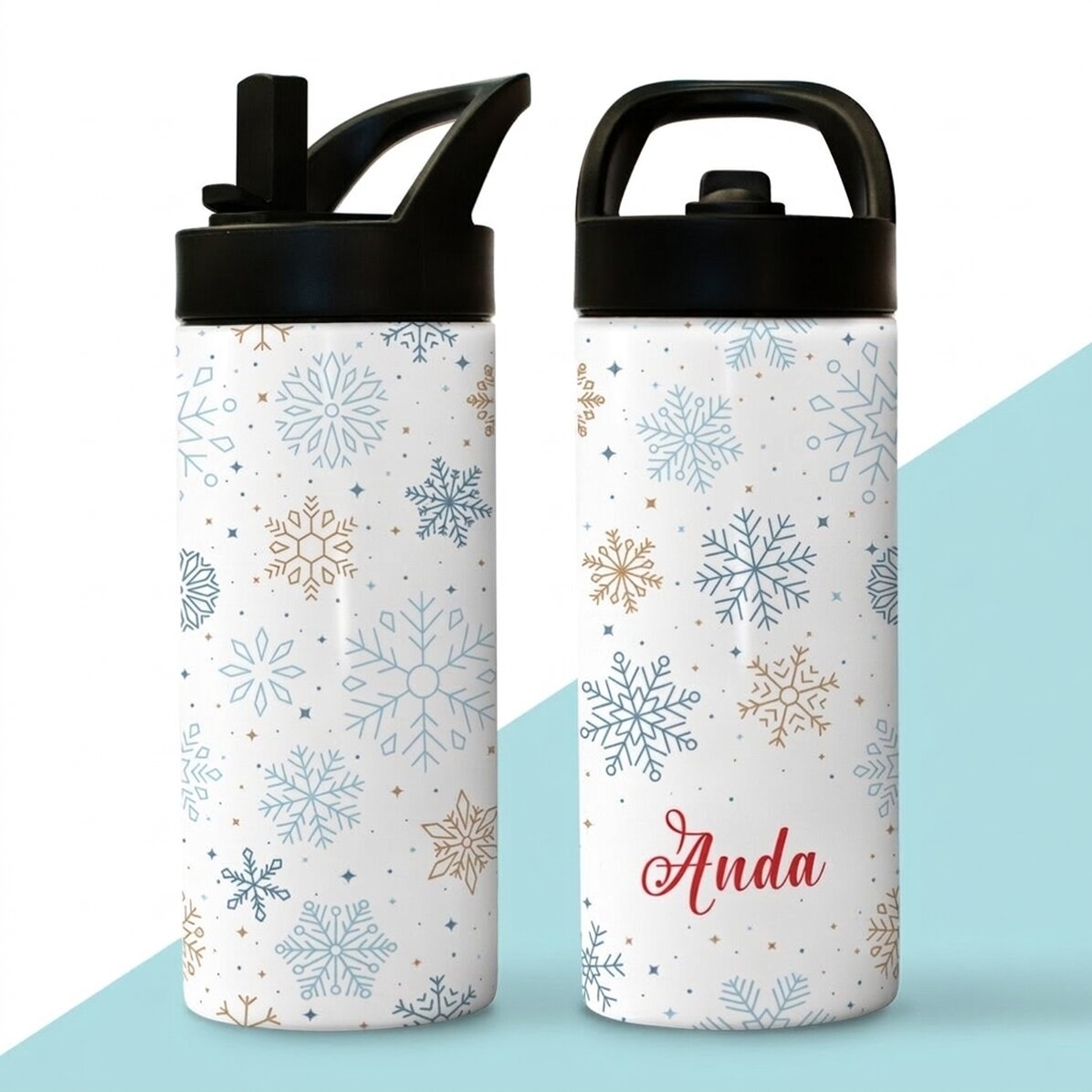 Thermos avec poignée et paille, personnalisé avec un prénom - Flocons de neige