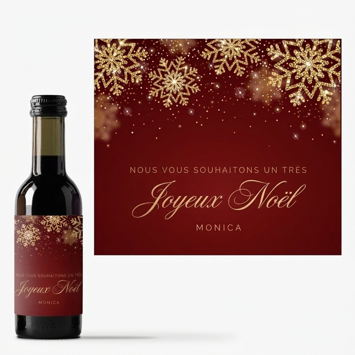 Mini-bouteille de vin personnalisée avec un message - Flocons de neige dorés