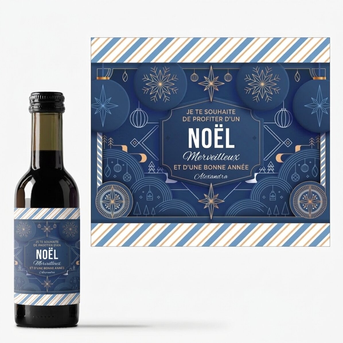 Mini-bouteille de vin personnalisée avec un message - Blue Christmas