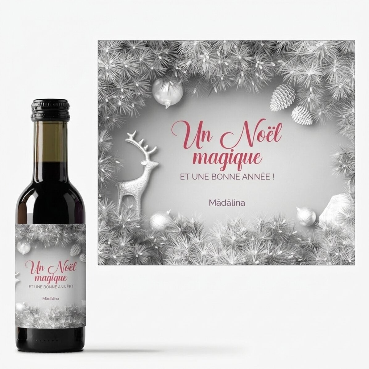Mini-bouteille de vin personnalisée avec un message - Silver Christmas
