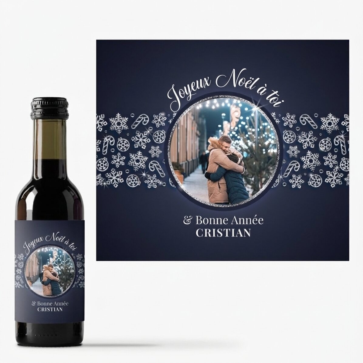 Mini-bouteille de vin personnalisée avec photo et texte - Shiny Snowflakes