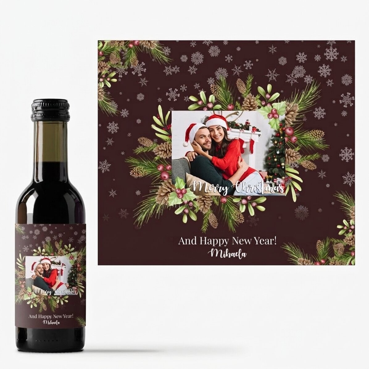 Mini-bouteille de vin personnalisée avec photo et texte - Décorations de Noël