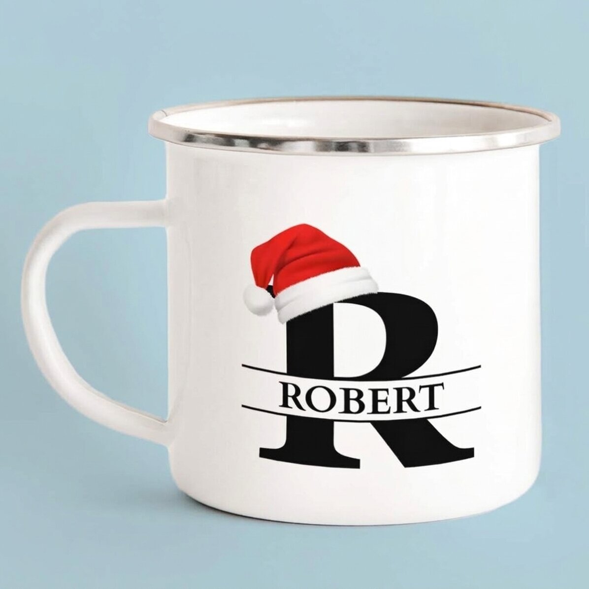 Tasse en métal émaillée avec nom et initiale