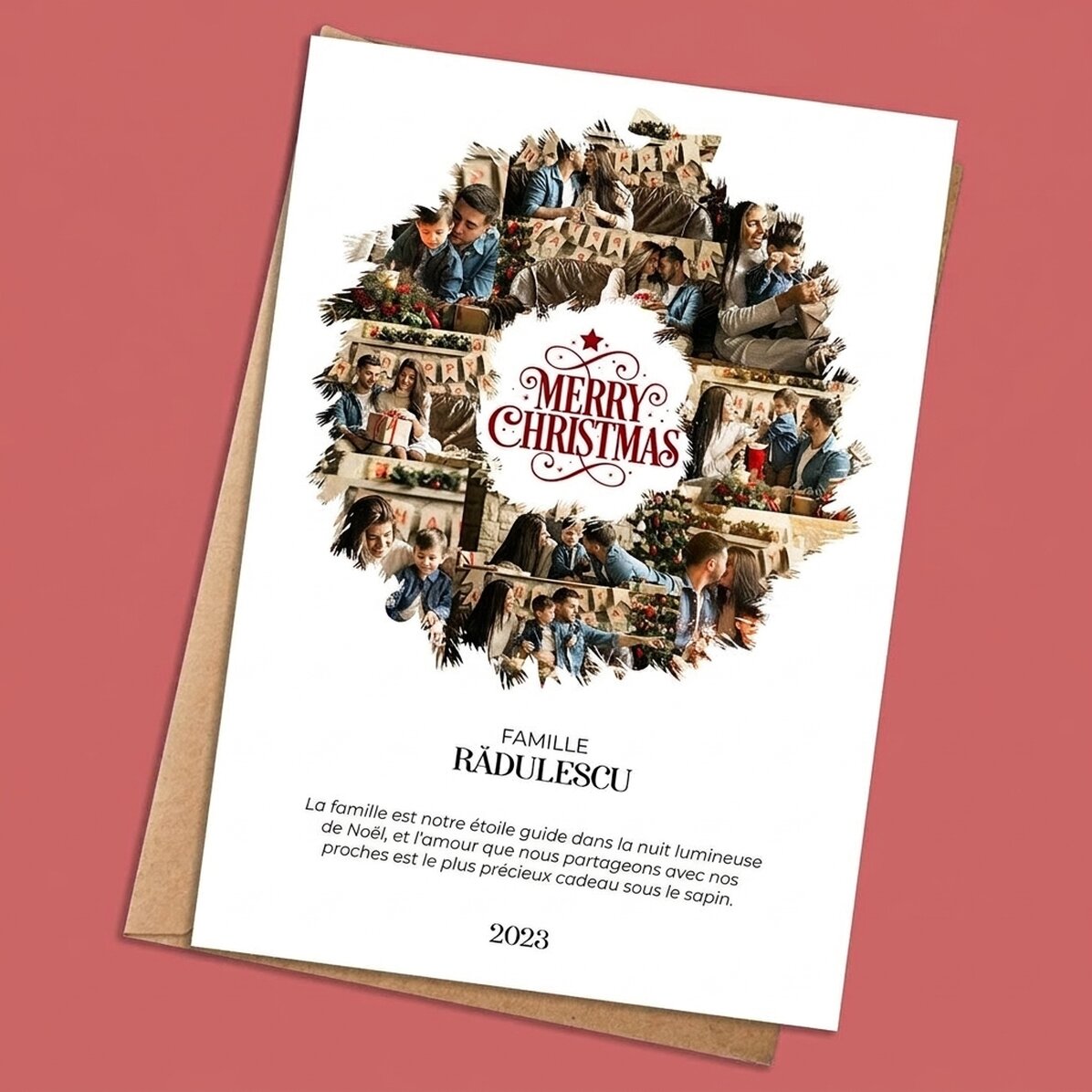 Carte personnalisée avec 10 photos et un texte - Couronne de Noël