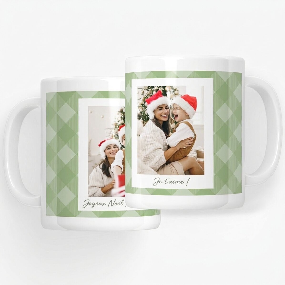 Tasse personnalisée avec deux photos et un texte - Carreaux verts
