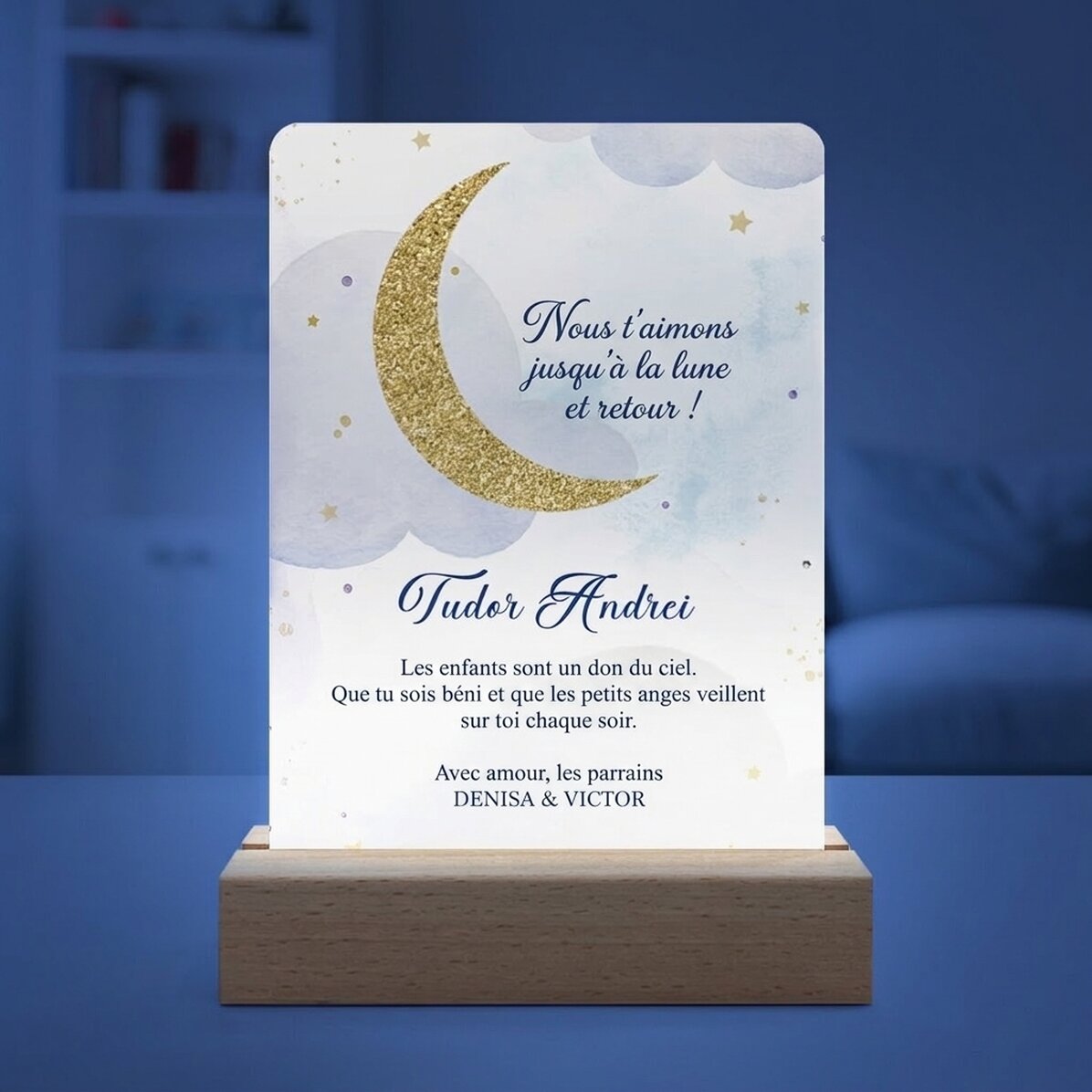 Lampe de veille LED personnalisée avec message - « To the moon and back »
