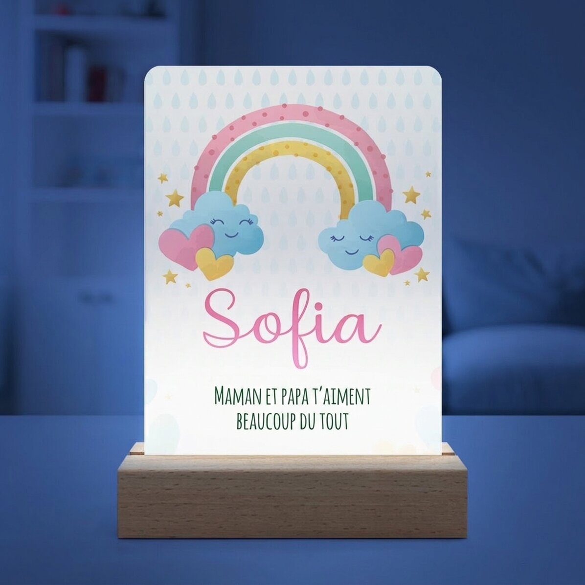Lampe de veille LED personnalisée avec un prénom et un message - Arc-en-ciel