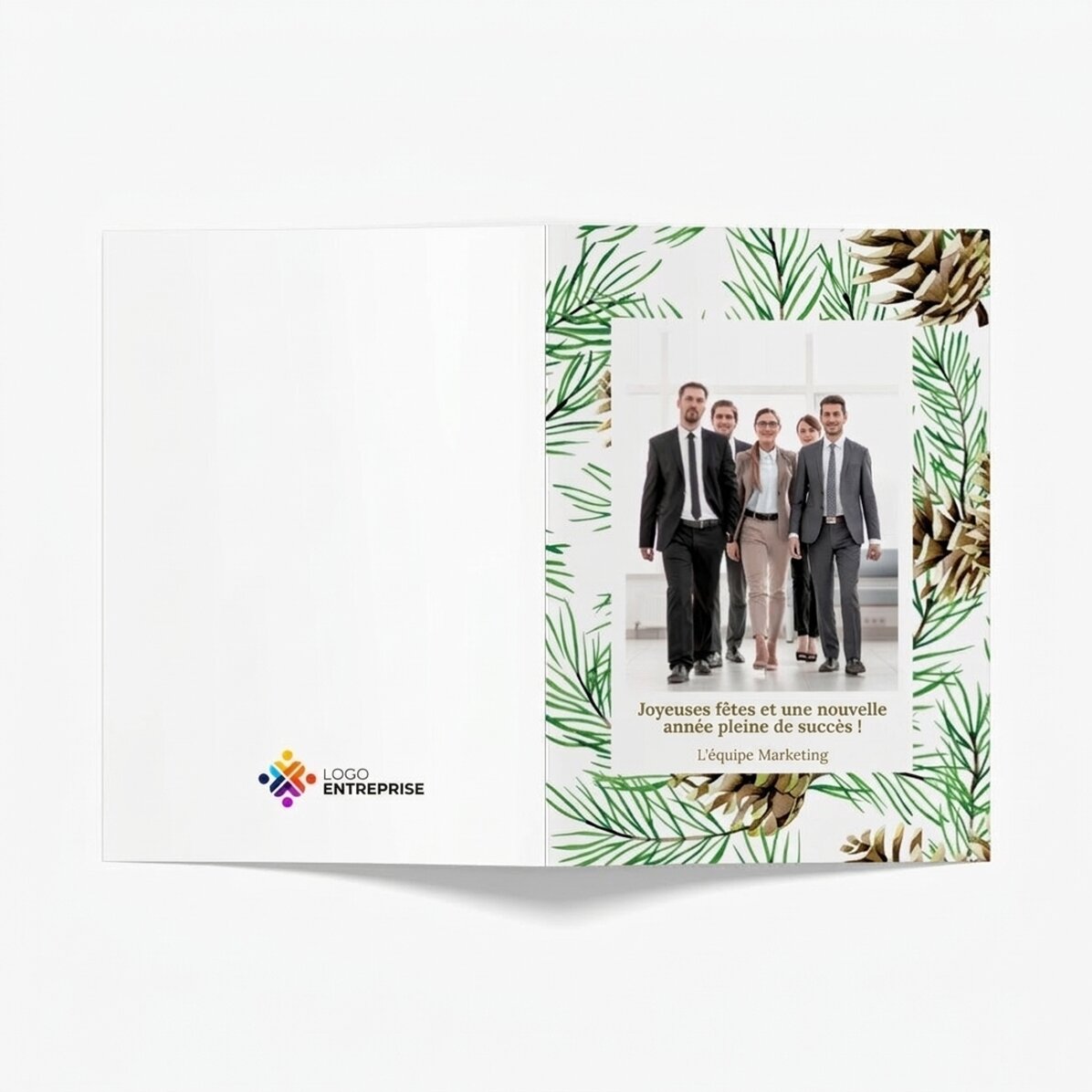 Carte de vœux personnalisée recto-verso avec texte, photo et logo - Pommes de pin