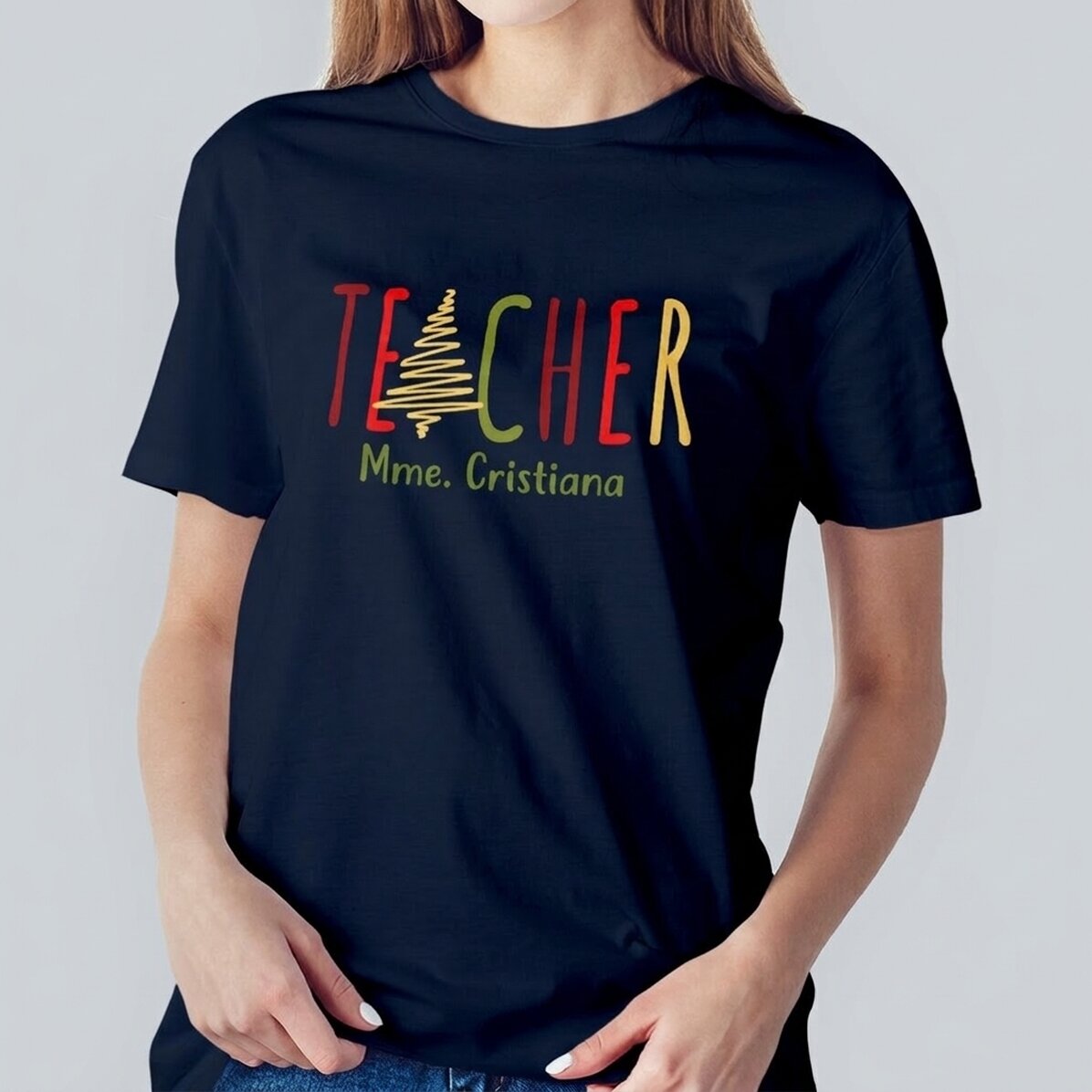 T-shirt en coton personnalisé avec un prénom - Christmas Teacher