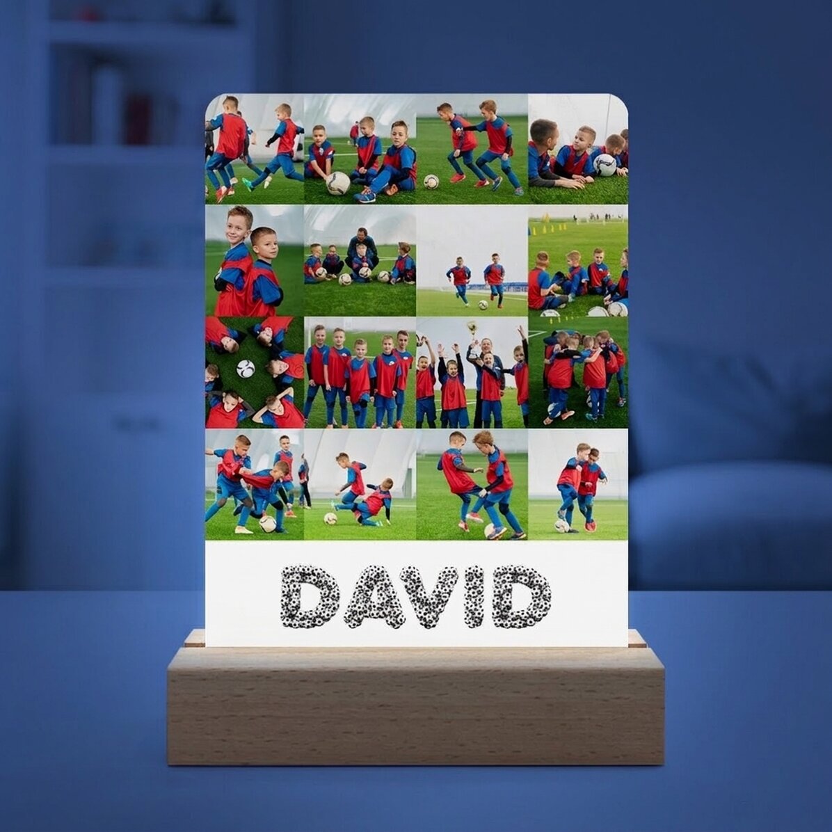 Lampe de veille LED personnalisée avec 16 photos et un prénom - Football