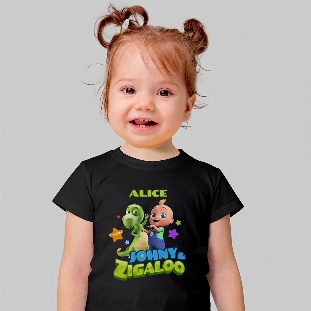 T-shirt en coton pour enfants personnalisé avec un prénom - Johny et Zigaloo TraLaLa