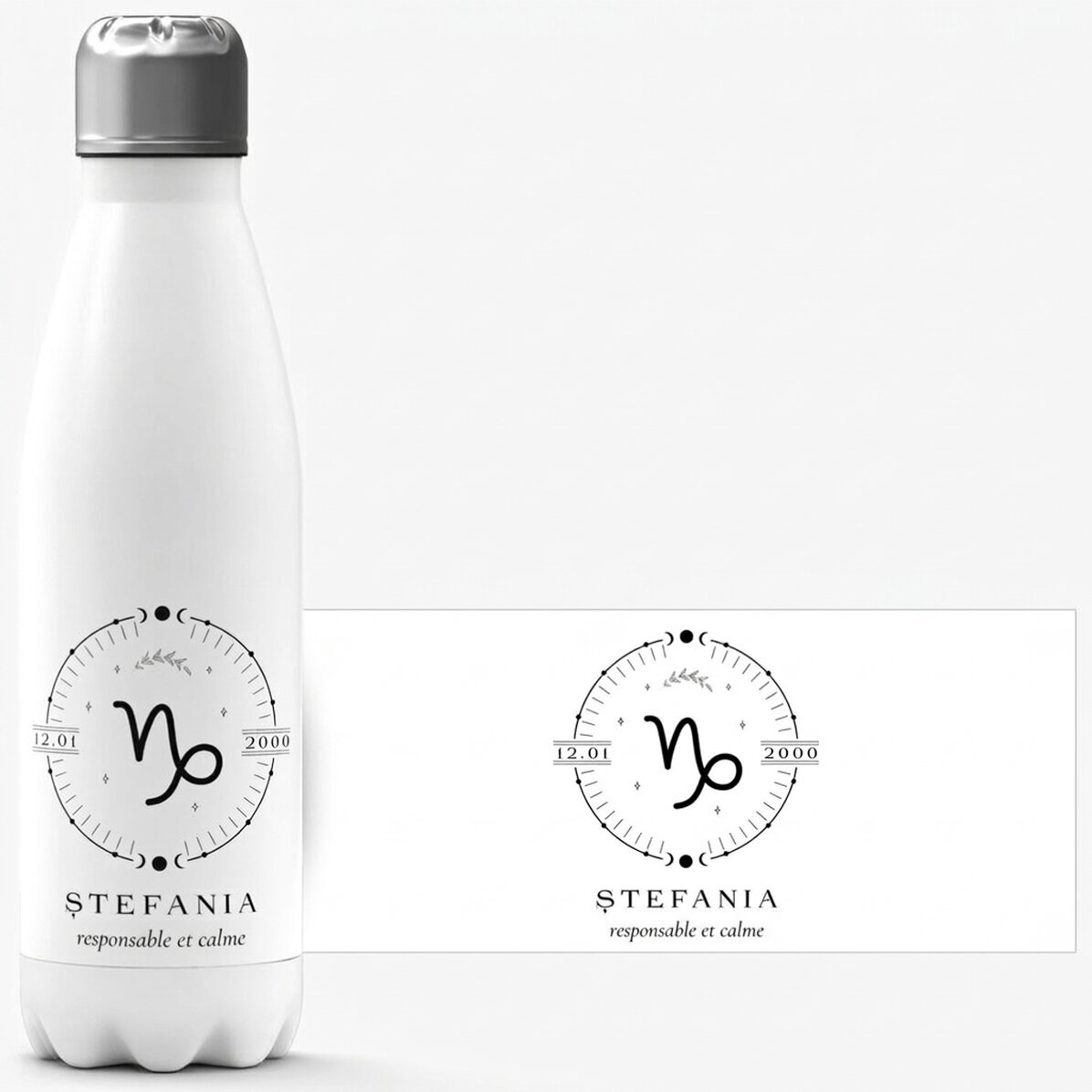 Thermos à base blanche personnalisé avec un texte et le signe du Capricorne