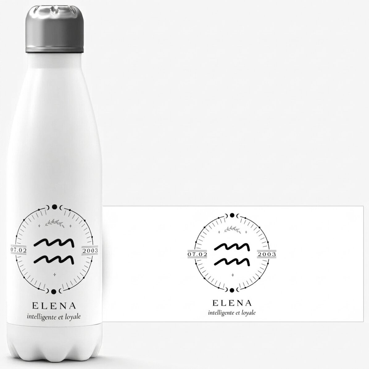 Thermos à base blanche personnalisé avec un texte et le signe du Verseau