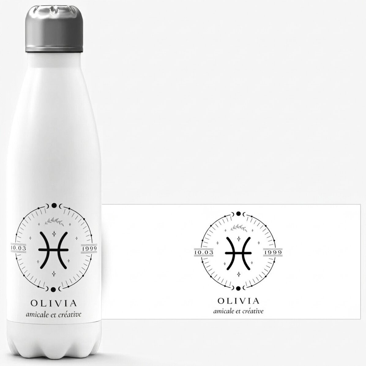 Thermos à base blanche personnalisé avec un texte et le signe du zodiaque des Poissons