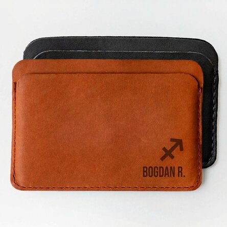 Personalised leather wallet with name and Sagittarius zodiac sign