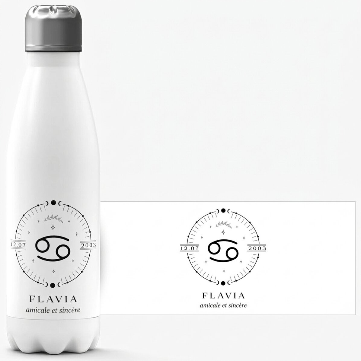 Thermos à base blanche personnalisé avec un texte et le signe du Cancer